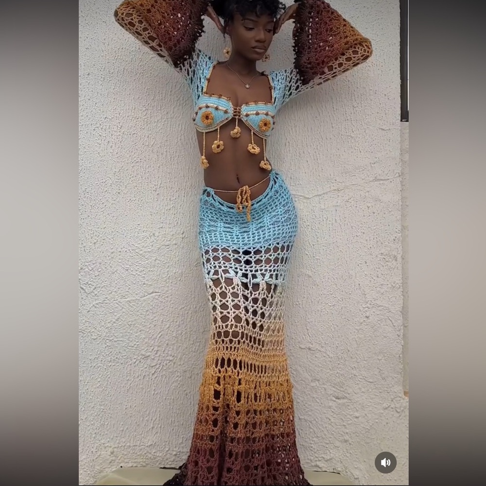 Blue brown and white crotchet two piece bralette and maxi skirt